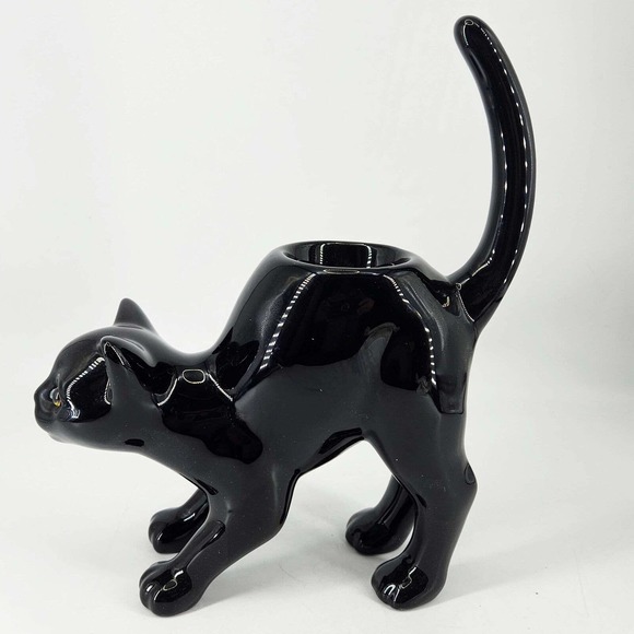Retired Party Lite Black Cat Halloween ceramic Tea Light Candle holder - Picture 2 of 6